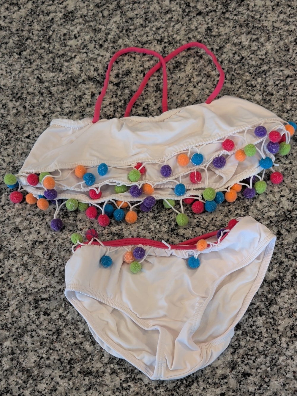 White Kids Bikini Set with Colorful Pom-Pom Trim